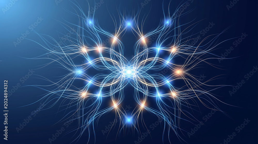 Obraz premium Glowing neural network connections photo showing blue and orange light trails on dark background