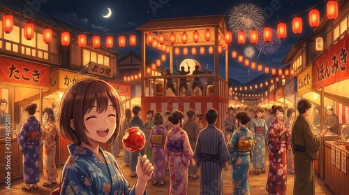 Happy girl eating candy apple at summer night festival