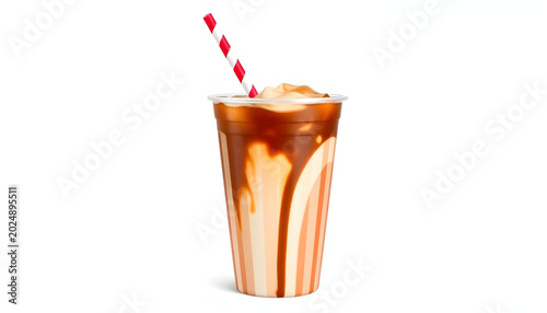 Fast food cola or milkshake drink cup, drinking straw. Generic striped beverage container. Png clipart isolated on transparent background, studio lighting. White tone