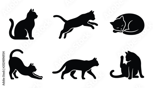 Foto Black Cat Silhouettes: Sitting, Stretching, Jumping, Sleeping, Walking, Grooming