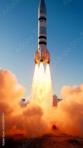 Rocket launch takes place in desert location during clear sky with sun shining in the background