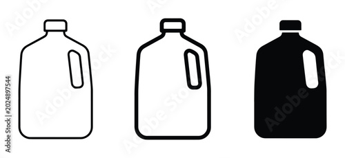 Foto Set of three gallon jugs, outline, filled, and silhouette, representing liquid c