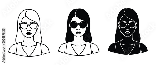 Fotografie Three stylized female avatars, outline, solid black, and silhouette, wearing sun