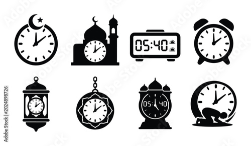 Canvas Print Islamic Timekeeping Icons: Mosque, Prayer, Clocks, Lanterns, and Alarms, Vector