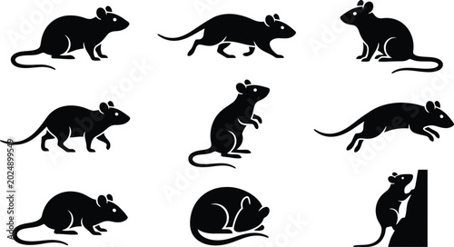 Fotografie Hantavirus Collection of black mouse silhouettes in various poses and actions on