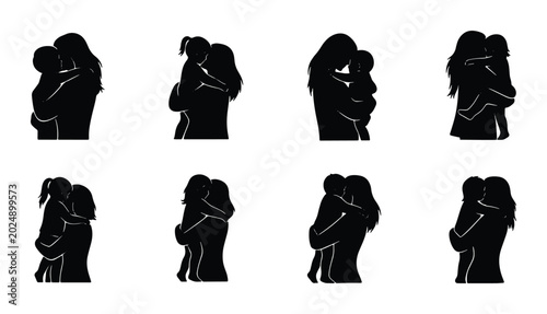 Cuadro en lienzo Parent Child Hug Silhouettes, Mother Daughter Embrace Vector Icons, Love Family
