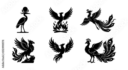 Tableau sur toile Mythical Phoenix Vector Icons, Majestic Bird Silhouettes, Fire Bird Graphics, Fa