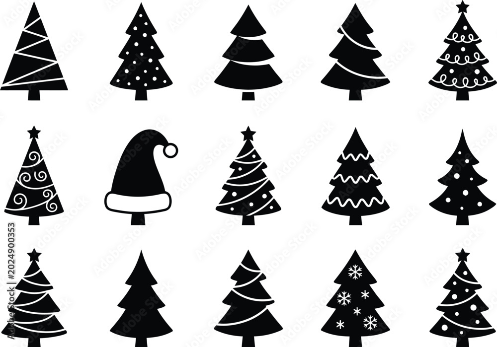 Obraz premium Black Christmas Trees and Santa Hat Vector Icons