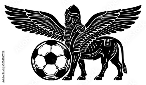 Foto Assyrian Lamassu mythological creature with soccer ball in ancient woodcut style