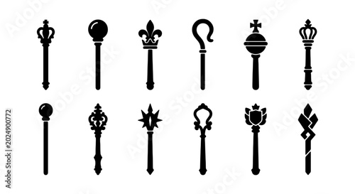 Konstfotografi Royal Scepters and Regalia Icons, Vector Set: Symbols of Power, Authority, and M