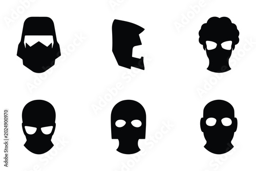 Foto Set of 6 Black Balaclava and Mask Icons, Vector Silhouettes for Security, Crime,
