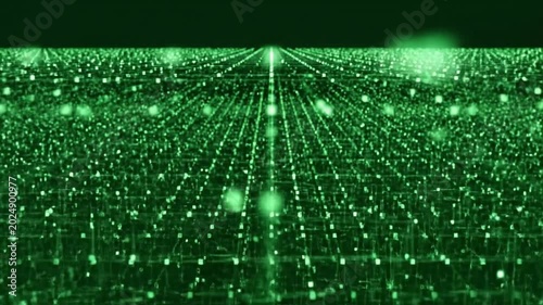 Glowing green digital grid lines moving forward in a cinematic perspective creating an infinite abstract technological motion loop sequence