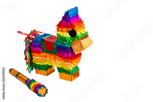 Pinata in the shape of a horse on isolated background. Rainbow-colored paper handmade Piñata toy for a birthday party Mexican style.