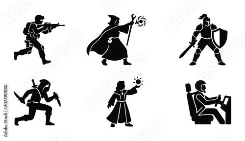 Bild auf Leinwand Fantasy Warrior Icons, Soldier, Mage, Knight, Ninja, Pilot, Game Characters, Sil