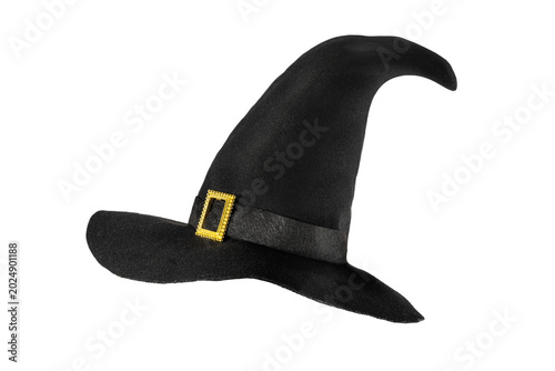 Black witch conical hat on isolated transparent background. Halloween decor