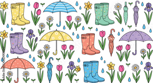 Εκτύπωση καμβά Spring Rainy Season Vector Set with Colorful Umbrellas, Rubber Rain Boots, and B