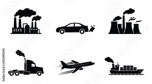 Konstfotografi Industrial Pollution Icons: Factories, Cars, Airplanes, Trucks, Ships, Emissions