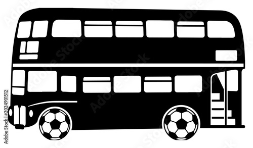 Tableau sur toile Double decker bus with soccer balls as wheels in black and white silhouette styl