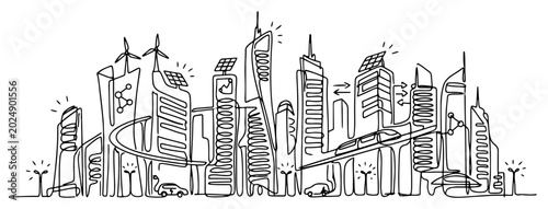 Foto Futuristic smart city skyline with renewable energy and monorail in continuous l