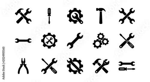 Tools Icons Set: Wrench, Hammer, Screwdriver, Pliers, Gears, Mechanic Symbols