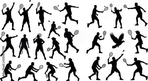 Canvastavla Tennis Player Silhouette Collection Set with Serving, Running, and Racket Action