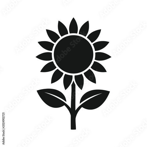 Black sunflower icon with petals and leaves as a simple vector graphic isolated on white background