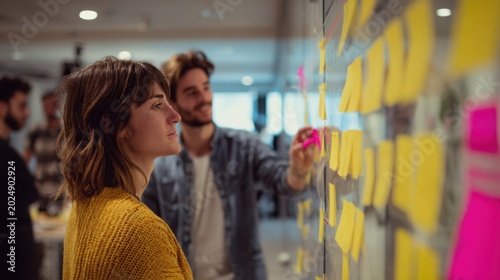 Creative team collaborating on project roadmap with sticky notes on glass board in modern office
