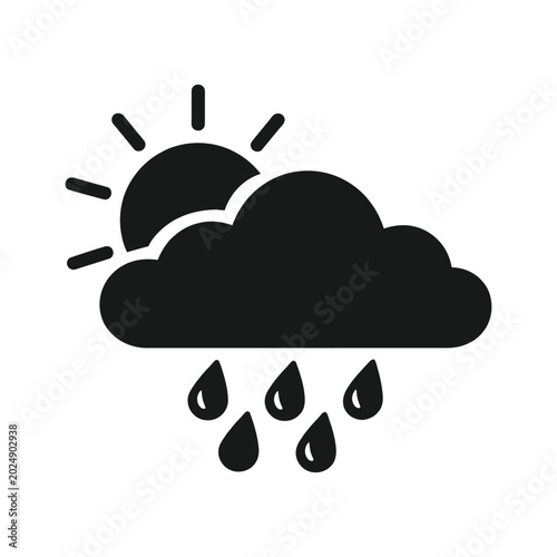 Sun behind rain cloud icon representing mixed weather conditions isolated on white background