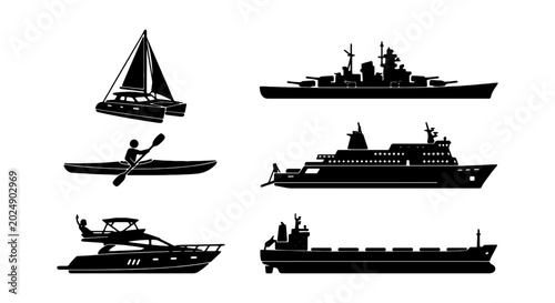 Obraz na płótnie Diverse Watercraft Silhouettes: Yacht, Sailboat, Kayak, Battleship, Cruise Ship,