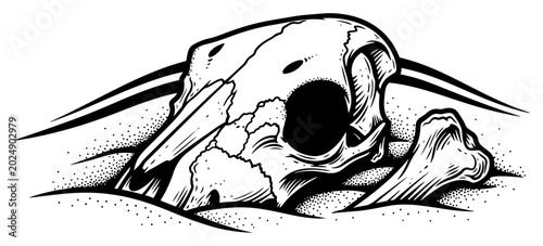 Bild auf Leinwand Animal skull and bones buried in desert sand in detailed engraving style