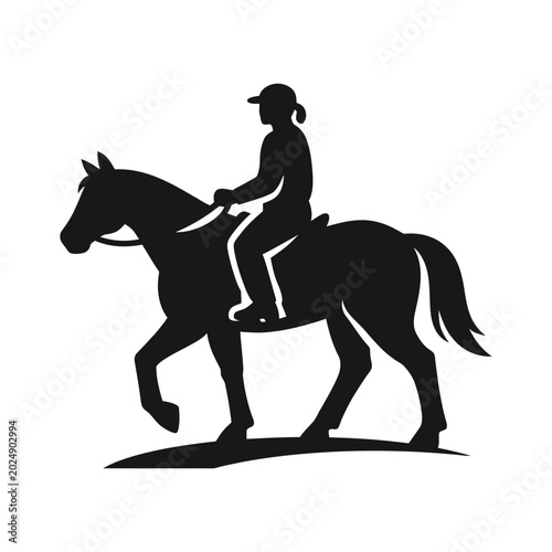 Black silhouette of a woman riding a horse isolated on white background