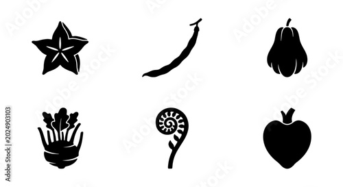 Schilderij op canvas Six Black Vegetable and Fruit Icons, Healthy Food Symbols, Simple Silhouette Gra