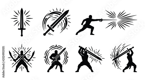 Bild auf Leinwand Sword Fighting Icons Set, Warrior Silhouette Emblems, Combat Weapon Graphics, Me