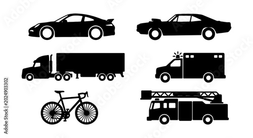 Tableau sur toile Vehicle Icons Set: Cars, Trucks, Ambulance, Fire Engine, Bicycle Silhouettes
