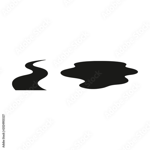 Black puddle and flowing stream icon set isolated on white background