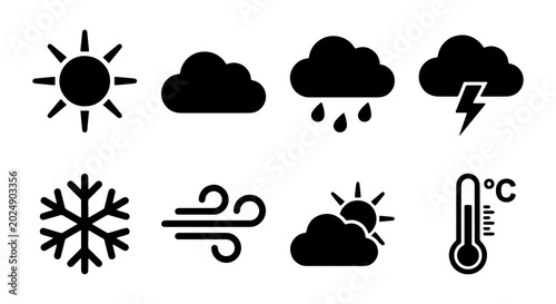 Schilderij op canvas Weather Icons Set: Sun, Clouds, Rain, Snow, Wind, Thermometer, Lightning