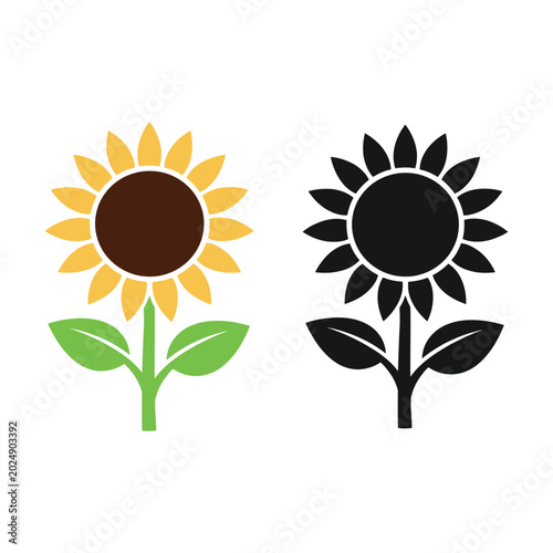 Sunflower icon set in color and black silhouette style isolated on white background