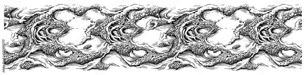 Fototapeta premium Seamless horizontal banner with organic rock texture and dragon scales in detailed engraving style