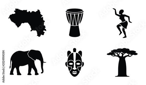 Canvastavla African Culture Icons: Guinea Map, Djembe Drum, Dancer, Elephant, Tribal Mask, B