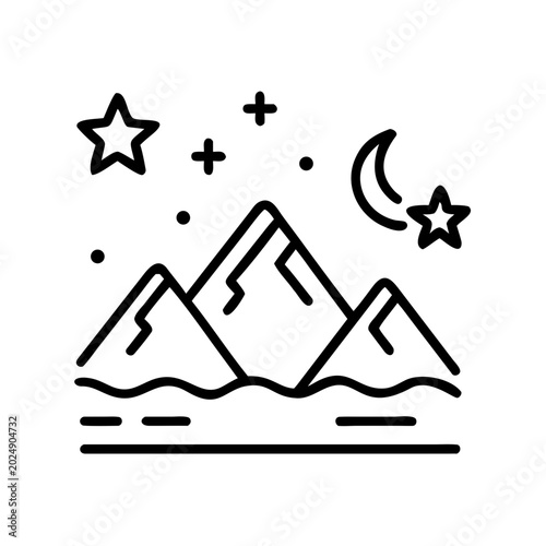 Stylized mountains with stars and moon in a whimsical night sky background