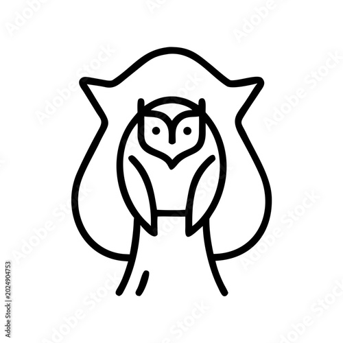 Owl in tree hollow, minimalist style, black and white illustration, copy space