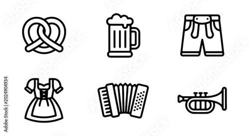 Konstfotografi Bavarian Icons: Oktoberfest Beer, Pretzel, Lederhosen, Dirndl, Accordion, Trumpe
