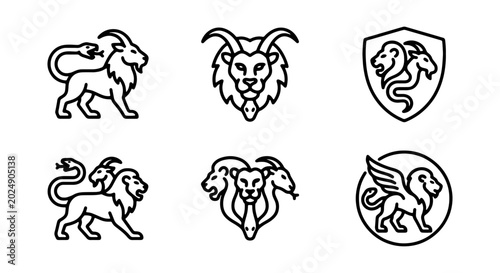 Konstfotografi Mythical Creatures Vector Icons: Lion, Hydra, Chimera, Pegasus, Goat