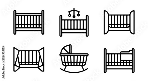Konstfotografi Baby Crib Icons Set, Nursery Bed Vector Graphics, Newborn Sleep Furniture Collec