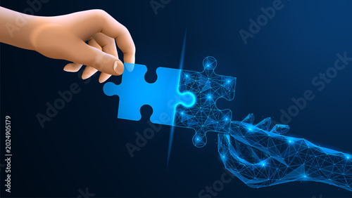Collaboration with artificial intelligence. A human hand connects the puzzle with a glowing digital hand. The concept of partnership and combining human intelligence with machine learning systems.