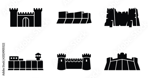 Фотография Fortification Icons Set, Castle Walls and Fortress Silhouettes, Medieval Defense