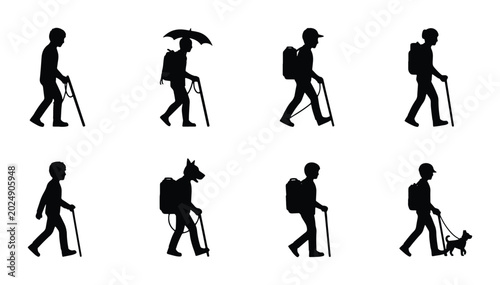 Tableau sur toile Silhouette Hikers with Backpacks and Walking Sticks, Diverse Poses and Accessori