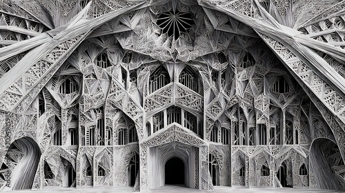 Black and white of a gothic cathedral interior with vaulted ceilings architecture