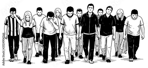 Quadro su tela Disappointed crowd of people walking away in hand drawn graphic style