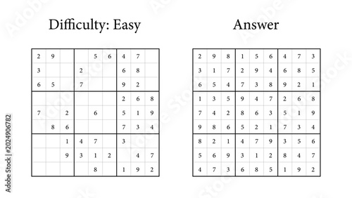 Tableau sur toile Easy Sudoku puzzle layout with answer key displayed beside it